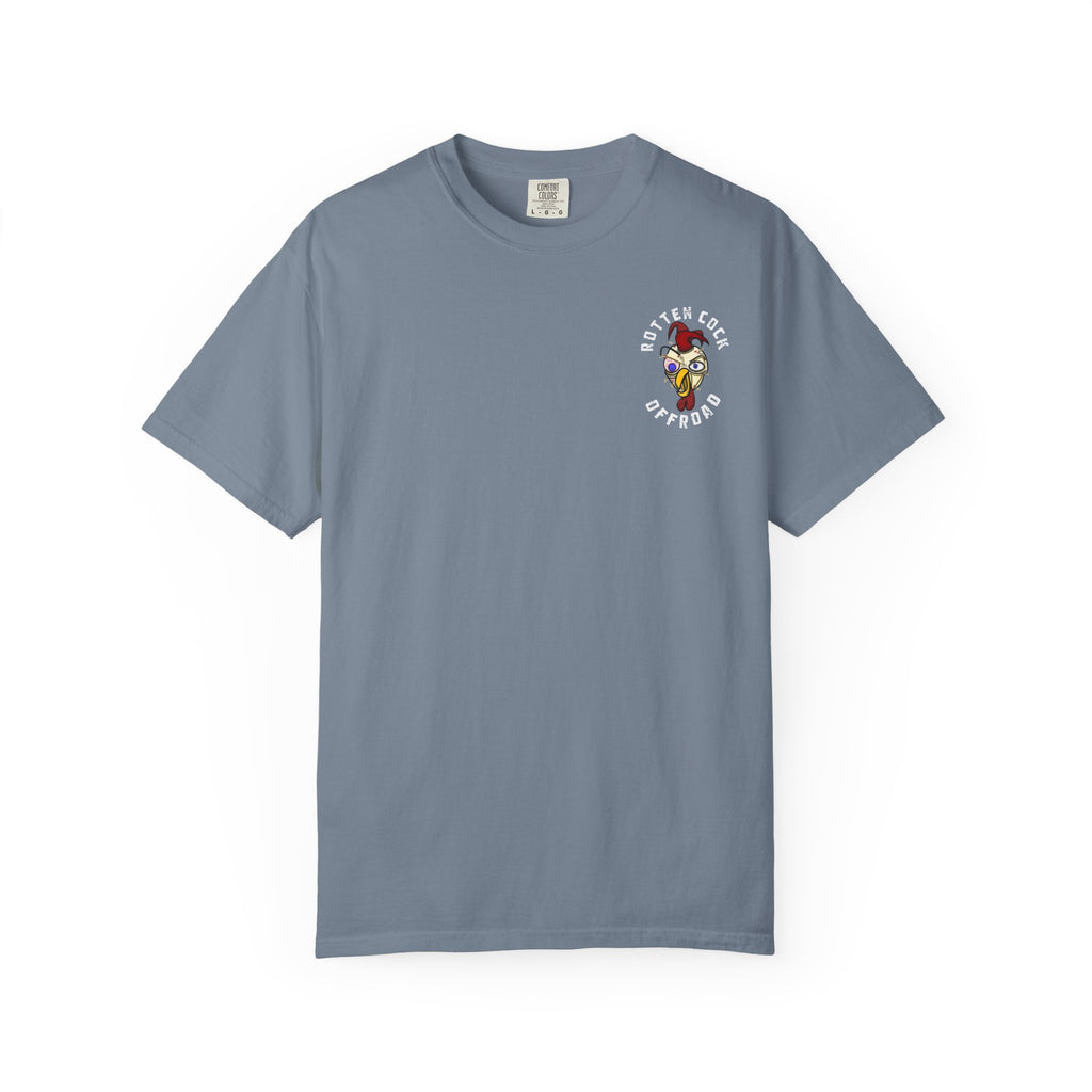 Rotten Cock Offroad Garment-Dyed T-Shirt — Offroad Tire Back Print with Jester Chest Logo