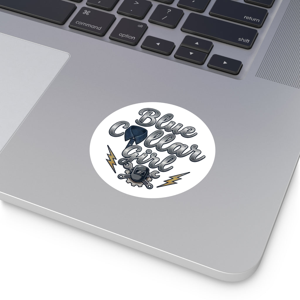 Blue Collar Girl Round Sticker — Durable Indoor/Outdoor Work Pride Decal