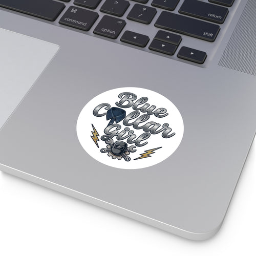 Blue Collar Girl Round Sticker — Durable Indoor/Outdoor Work Pride Decal