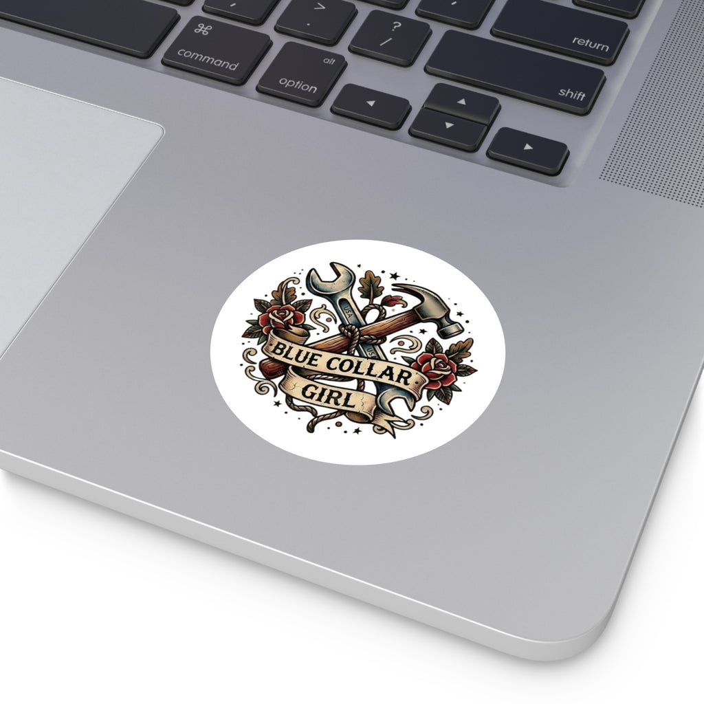 Blue Collar Girl Round Sticker — Tool & Hammer Tattoo-Style Vinyl Decal