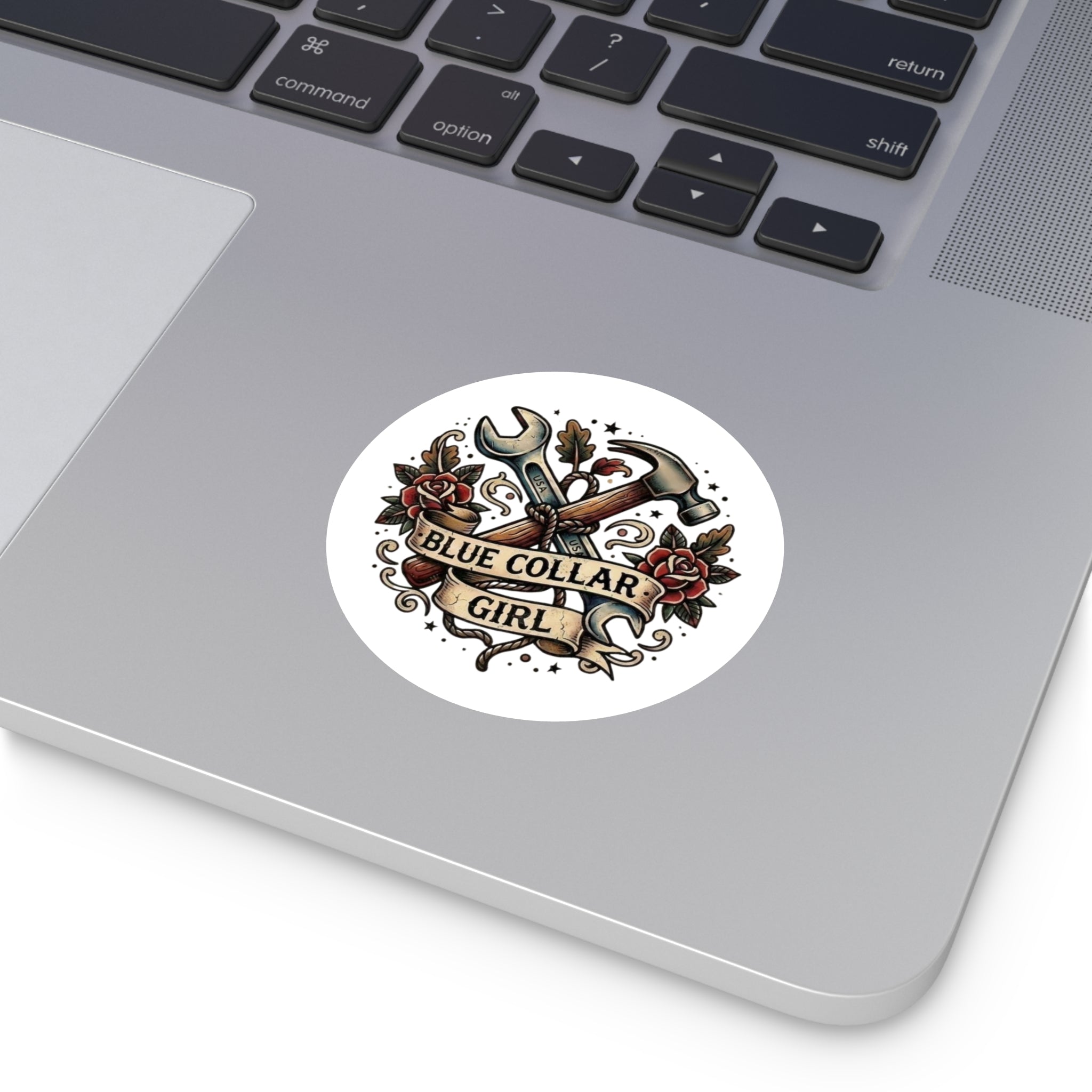 Blue Collar Girl Round Sticker — Tool & Hammer Tattoo-Style Vinyl Decal