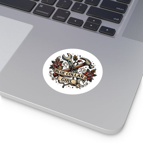 Blue Collar Girl Round Sticker — Tool & Hammer Tattoo-Style Vinyl Decal