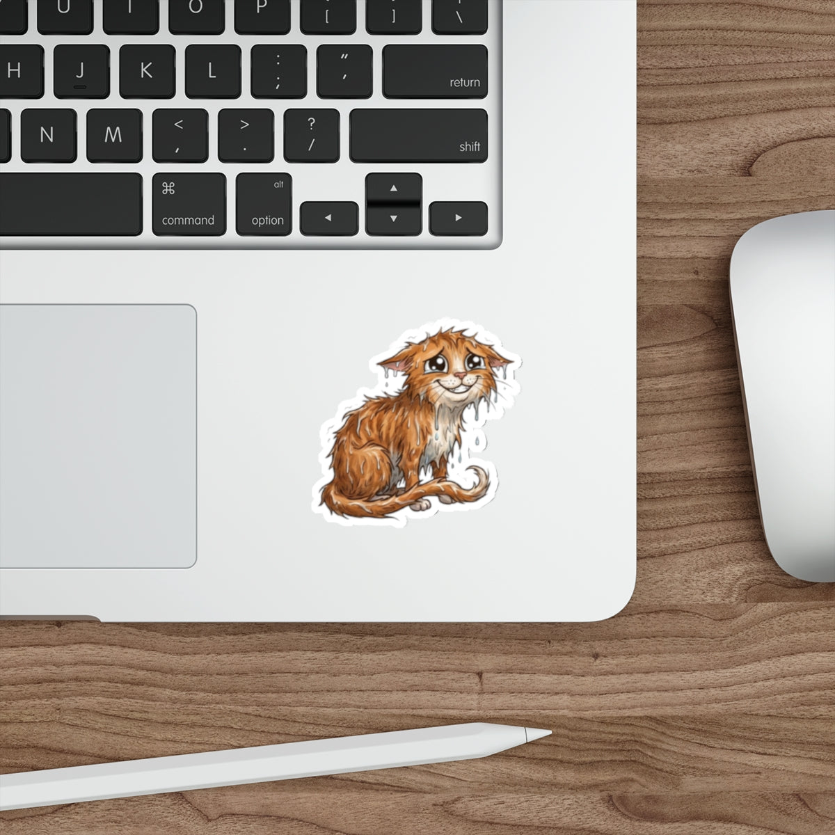 Sad Wet Cat Die-Cut Sticker — Cute Rainy Kitten Laptop Sticker
