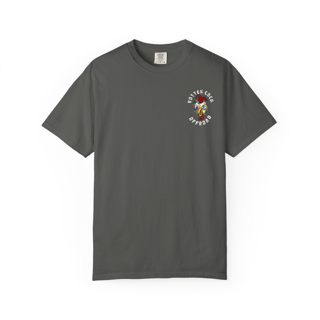 Rotten Cock Offroad Garment-Dyed T-Shirt — Offroad Tire Back Print with Jester Chest Logo