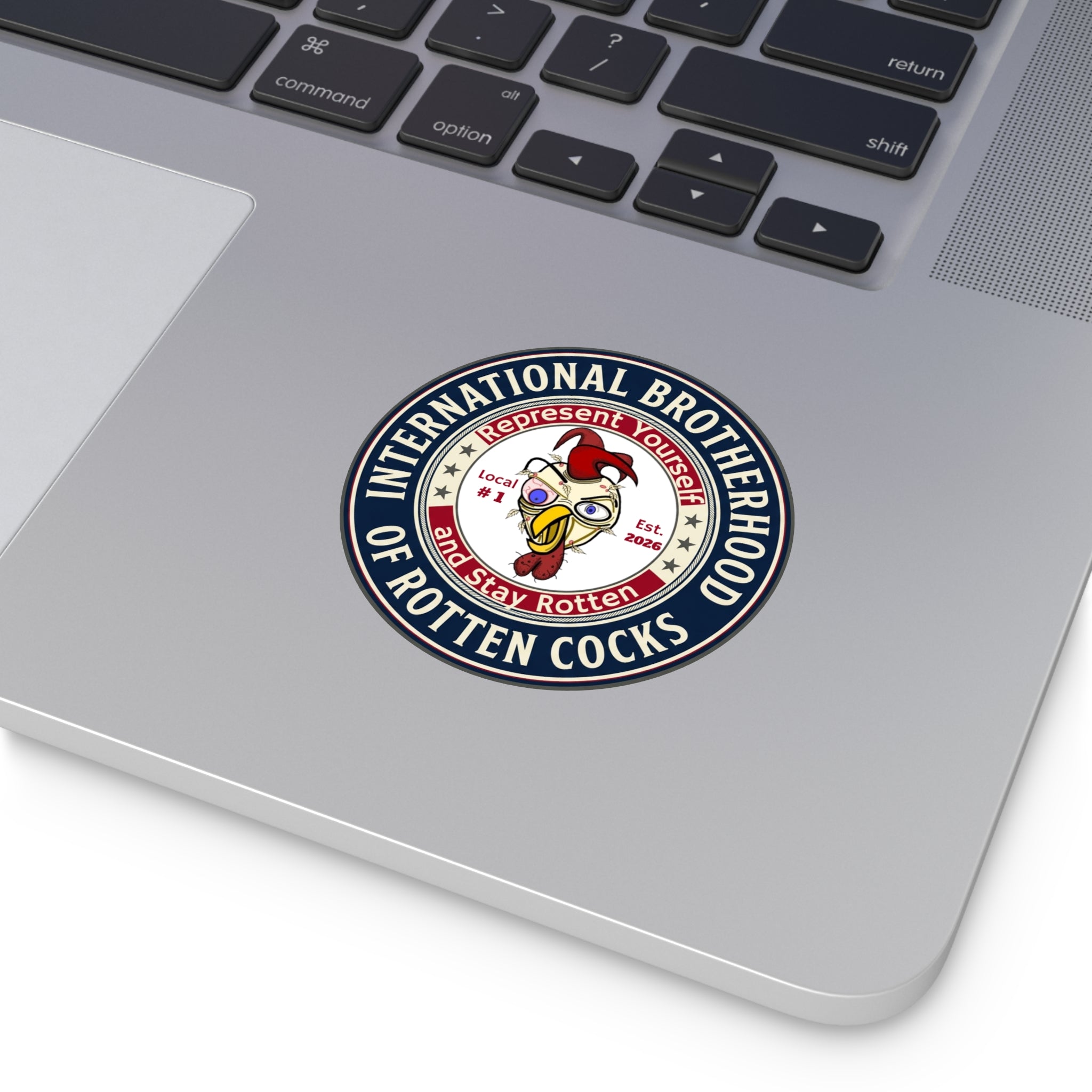 Round Vinyl Sticker — “International Brotherhood of Rotten Cocks” Vintage Rooster Emblem