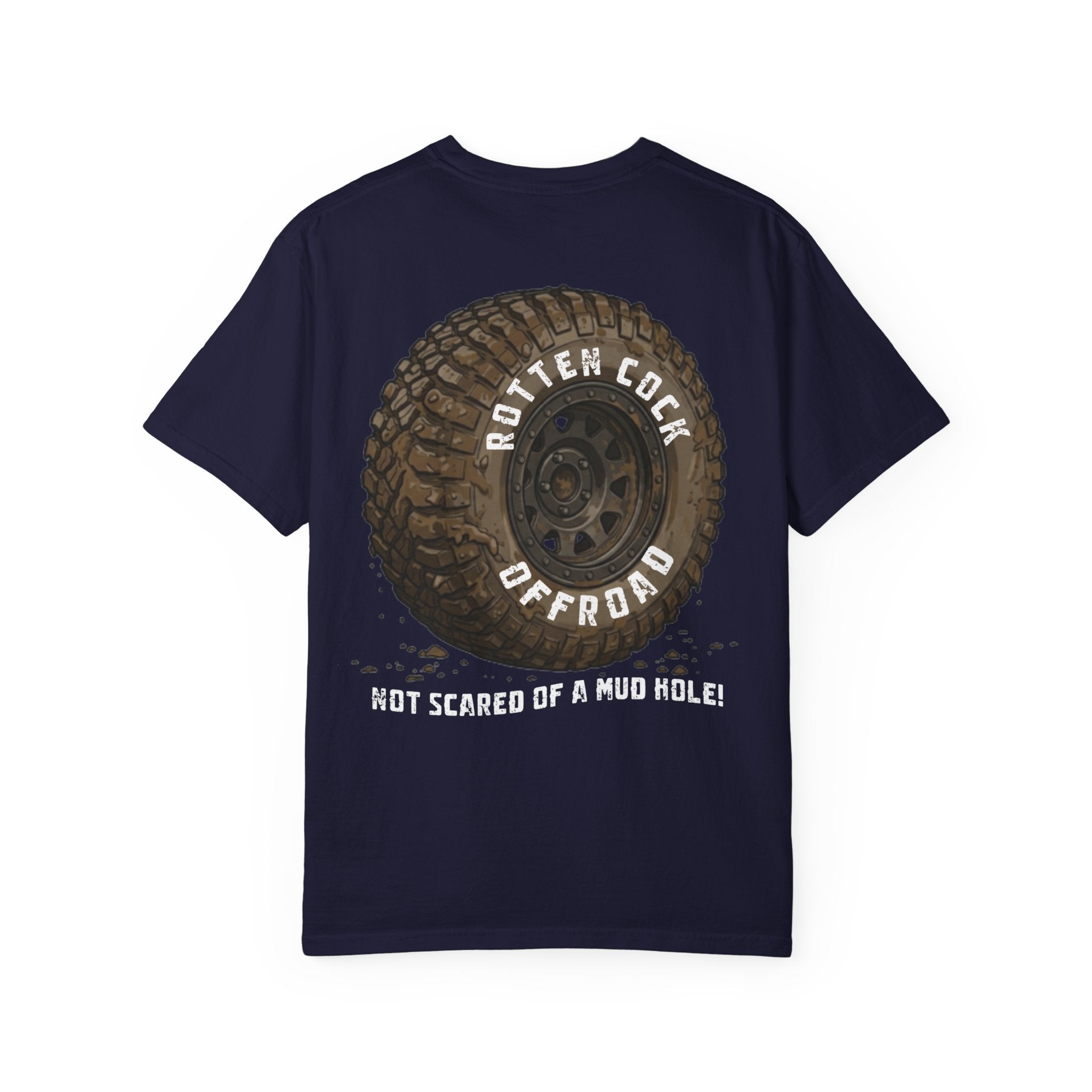 Rotten Cock Offroad Garment-Dyed T-Shirt — Offroad Tire Back Print with Jester Chest Logo