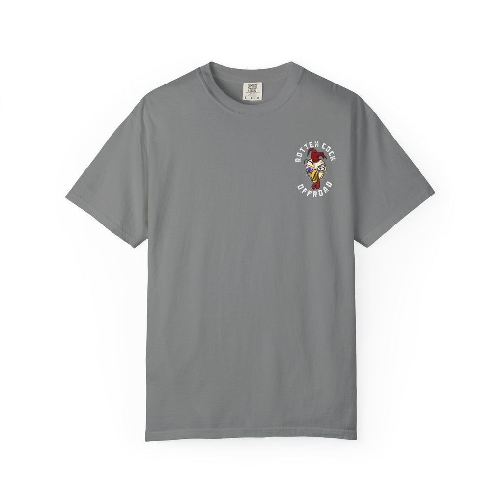 Rotten Cock Offroad Garment-Dyed T-Shirt — Offroad Tire Back Print with Jester Chest Logo
