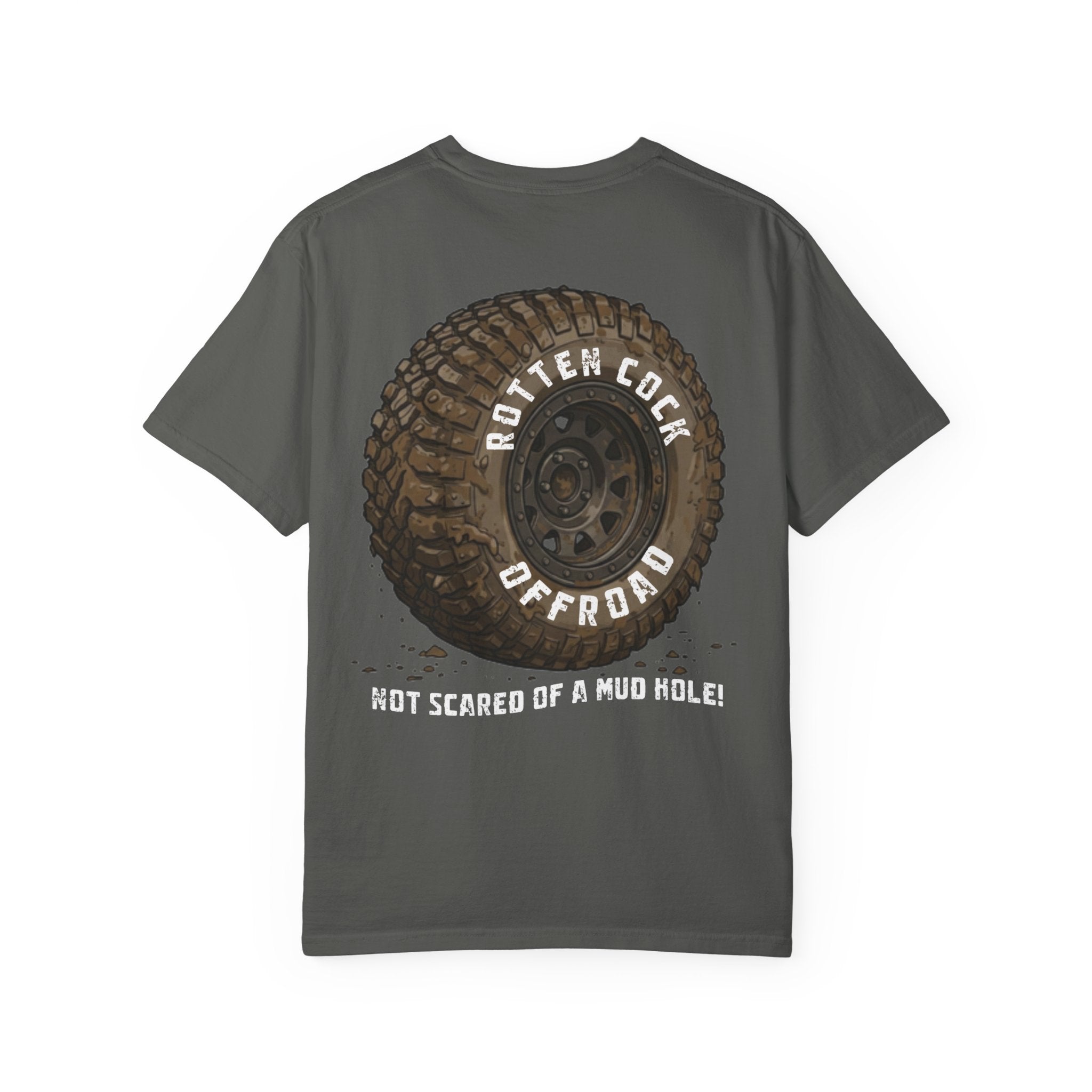 Rotten Cock Offroad Garment-Dyed T-Shirt — Offroad Tire Back Print with Jester Chest Logo