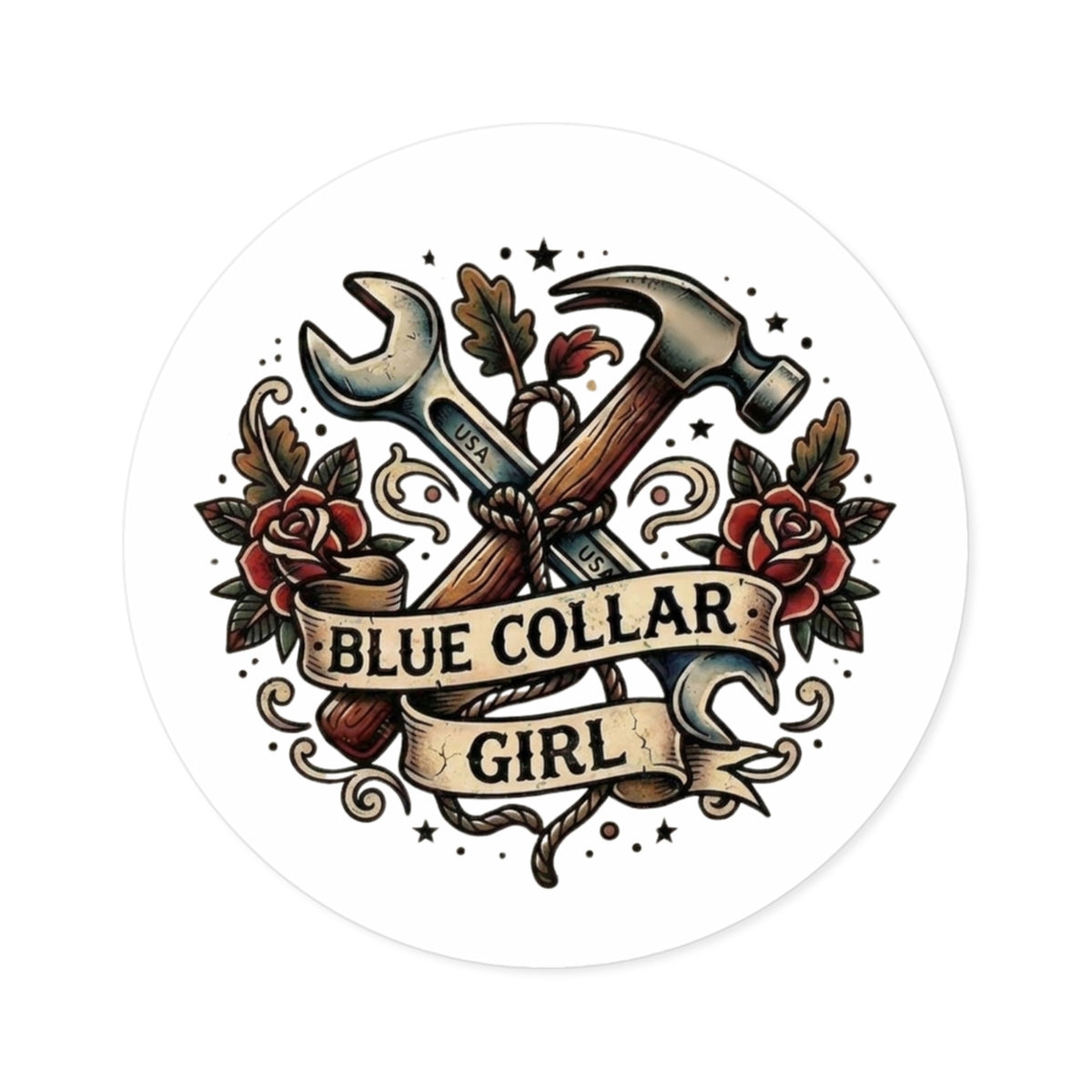 Blue Collar Girl Round Sticker — Tool & Hammer Tattoo-Style Vinyl Decal