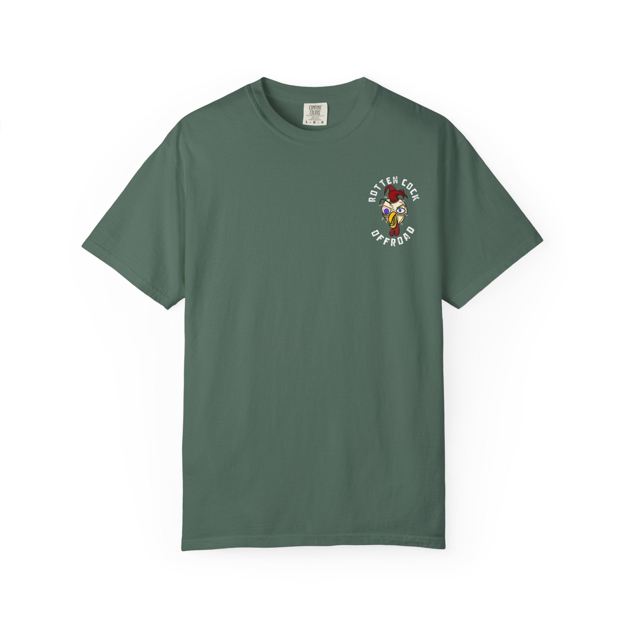 Rotten Cock Offroad Garment-Dyed T-Shirt — Offroad Tire Back Print with Jester Chest Logo