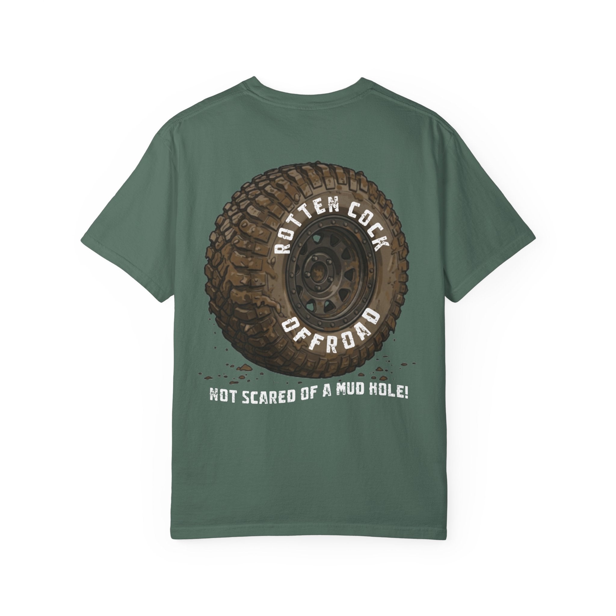 Rotten Cock Offroad Garment-Dyed T-Shirt — Offroad Tire Back Print with Jester Chest Logo