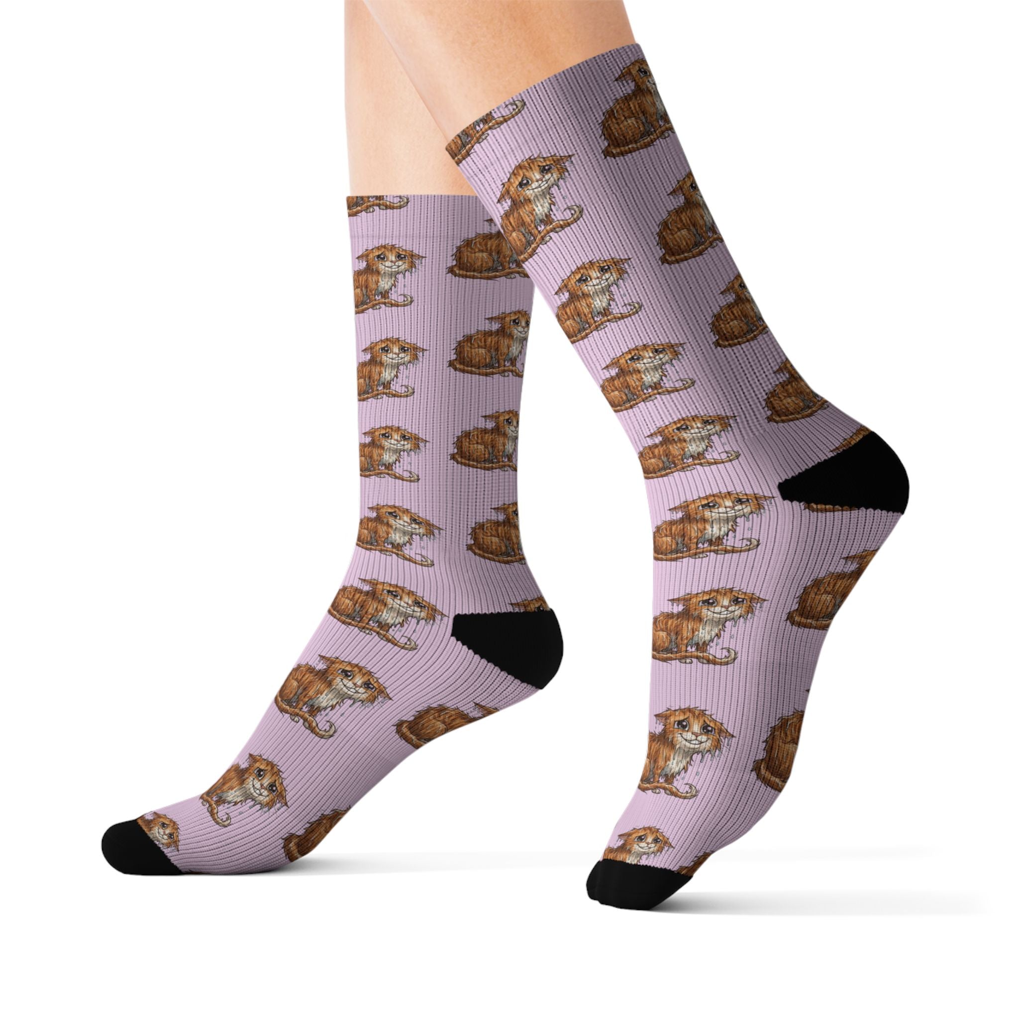 Wet Kitten Pattern Crew Socks — Pink Sublimation Cat Socks for Pet Lovers