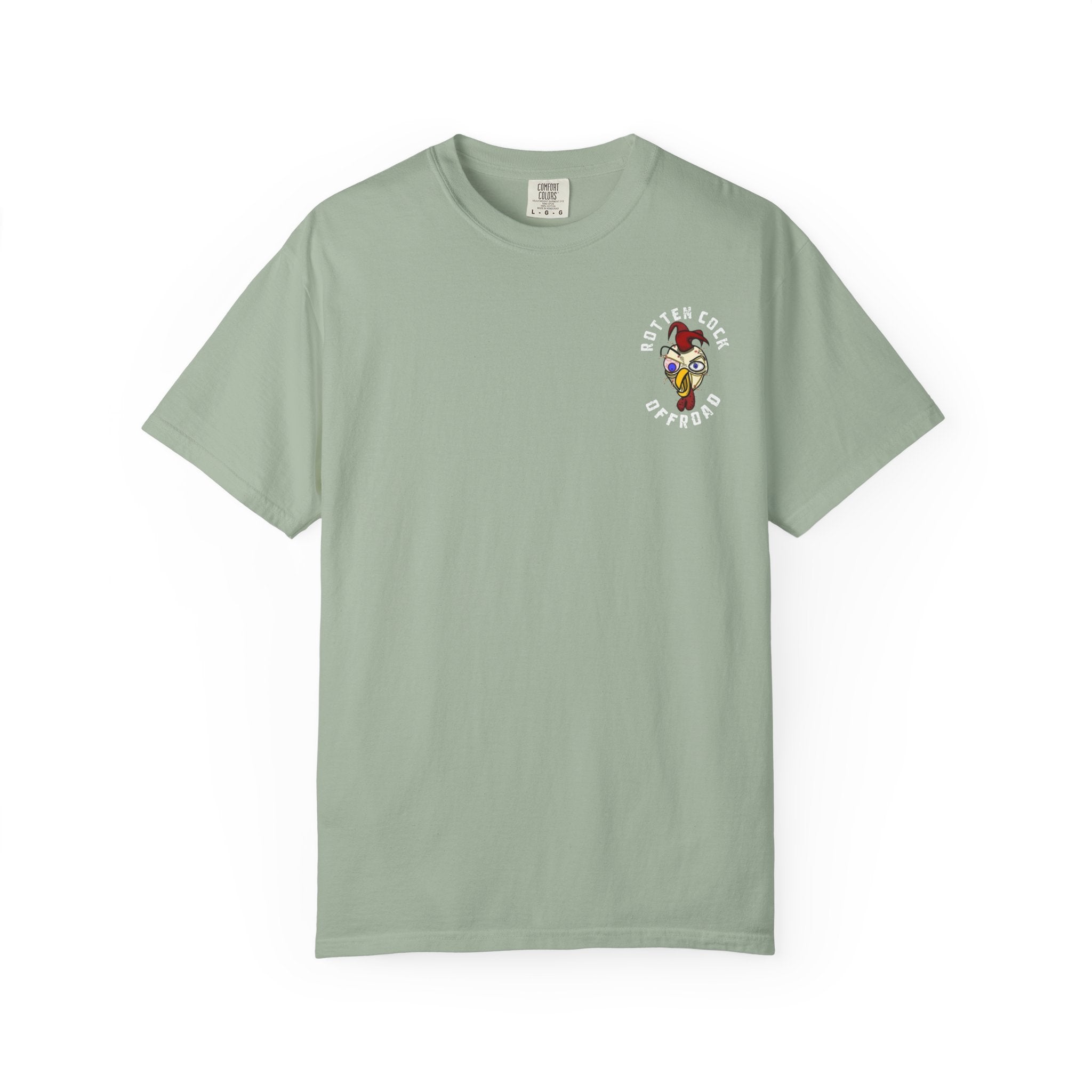 Rotten Cock Offroad Garment-Dyed T-Shirt — Offroad Tire Back Print with Jester Chest Logo