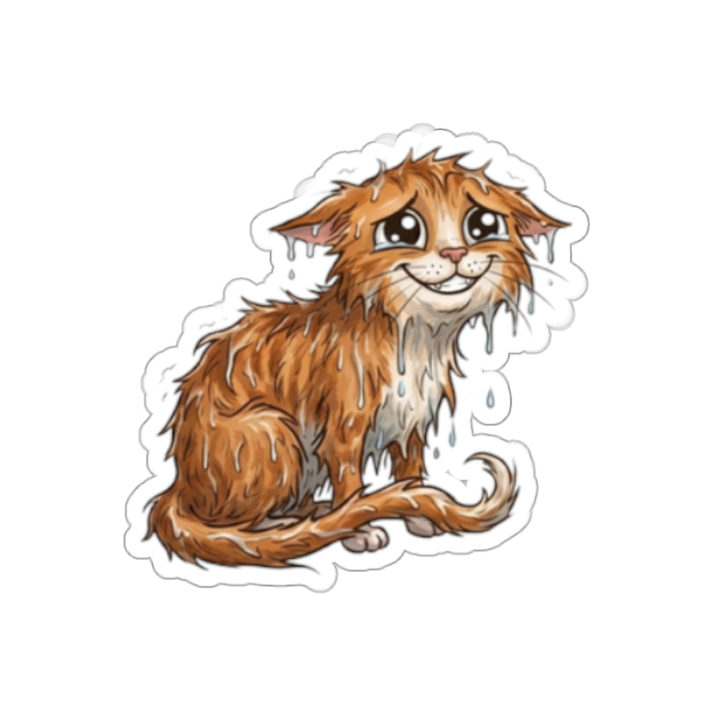 Sad Wet Cat Die-Cut Sticker — Cute Rainy Kitten Laptop Sticker