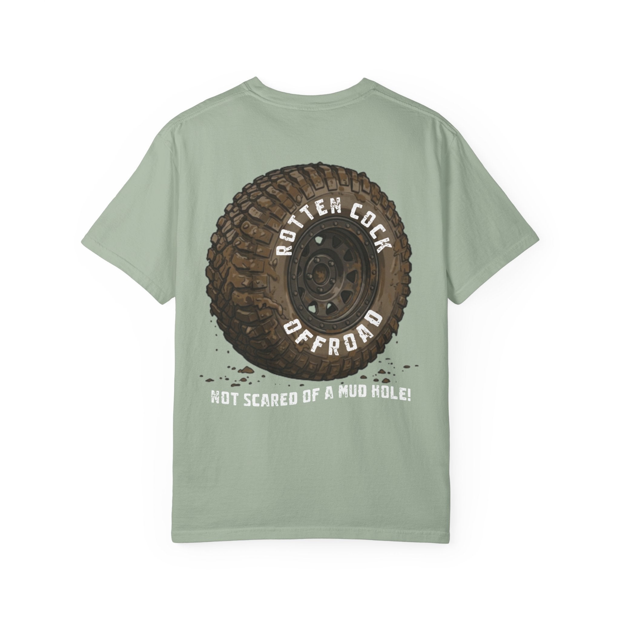 Rotten Cock Offroad Garment-Dyed T-Shirt — Offroad Tire Back Print with Jester Chest Logo