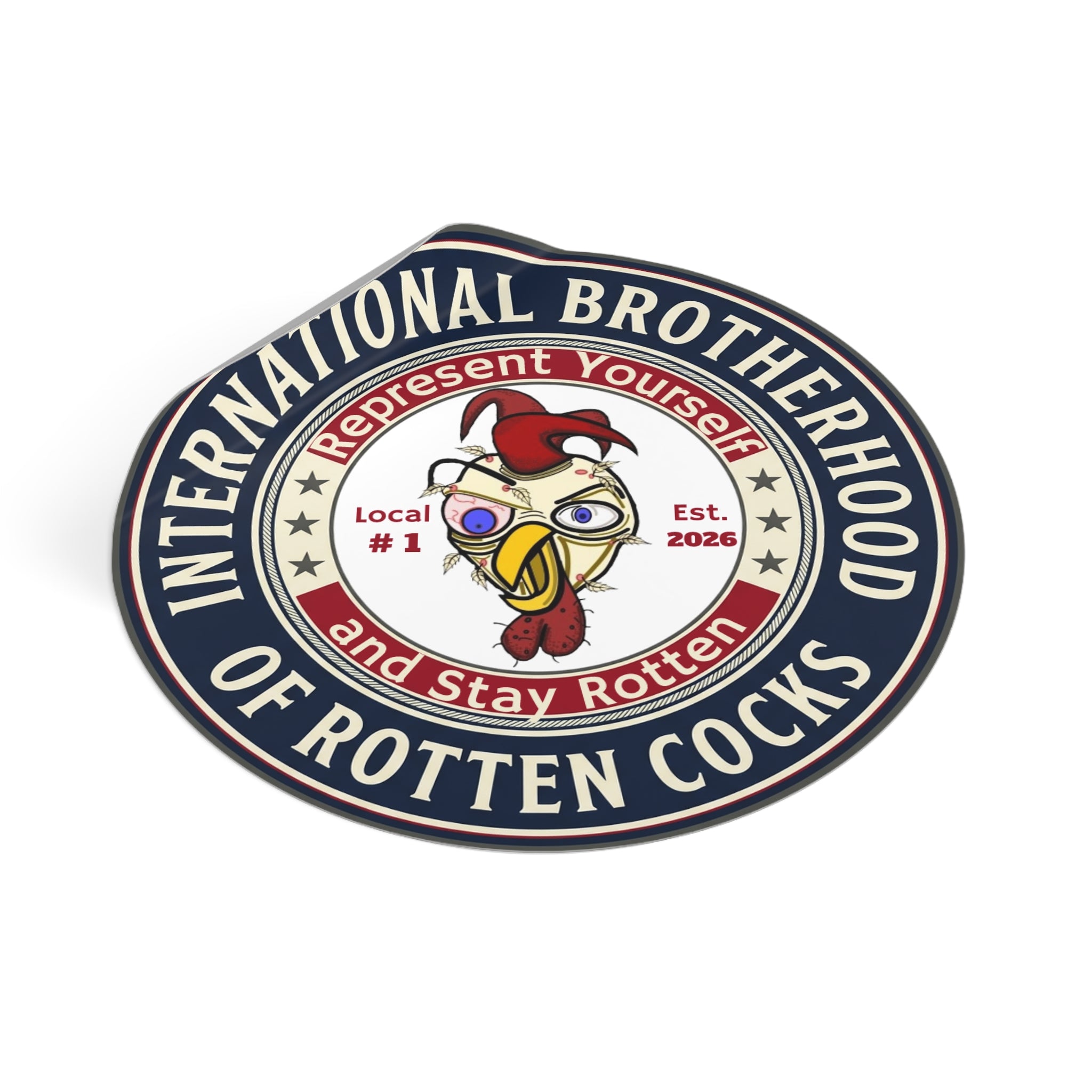 Round Vinyl Sticker — “International Brotherhood of Rotten Cocks” Vintage Rooster Emblem