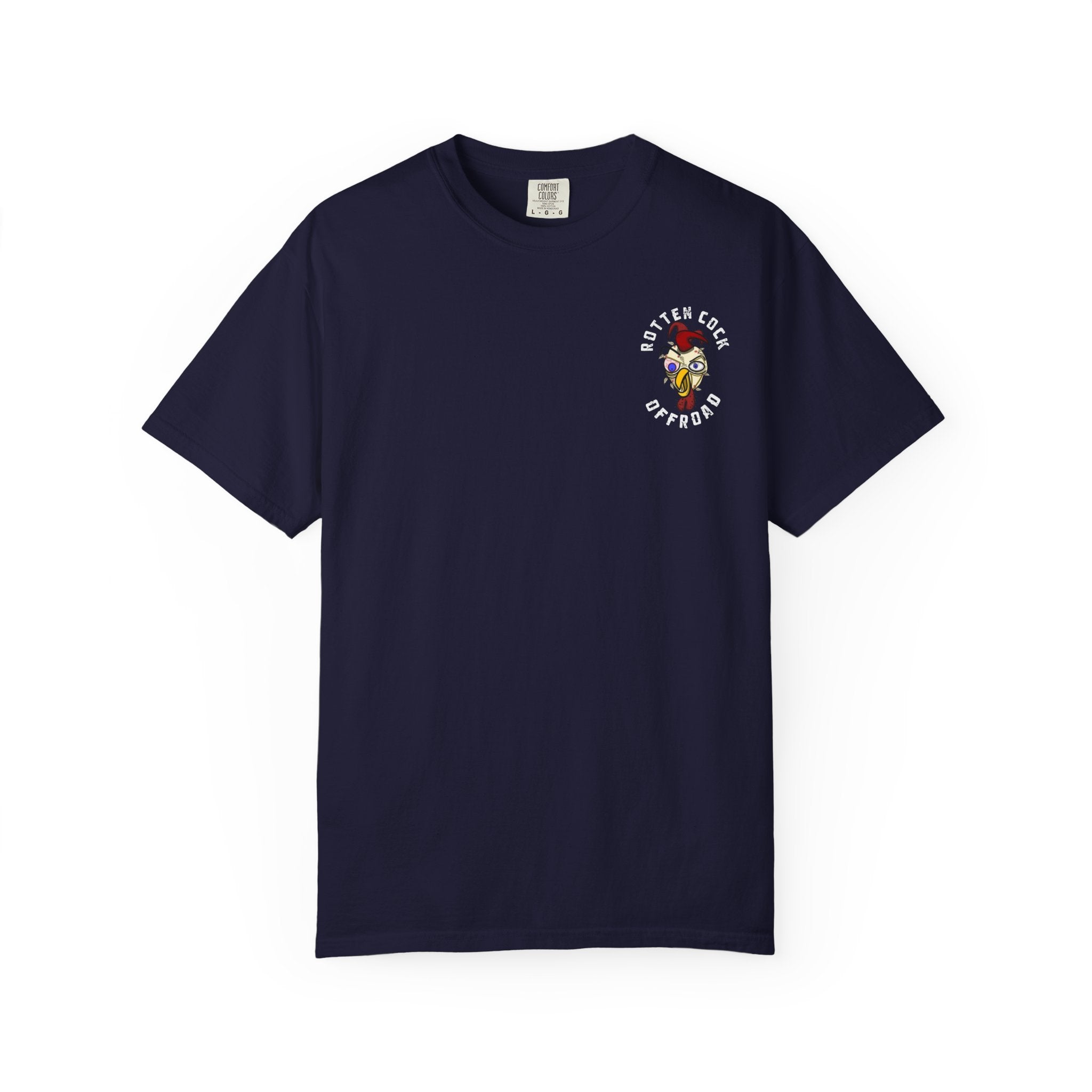 Rotten Cock Offroad Garment-Dyed T-Shirt — Offroad Tire Back Print with Jester Chest Logo