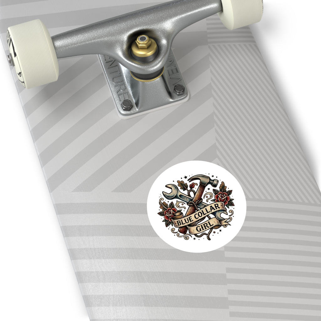 Blue Collar Girl Round Sticker — Tool & Hammer Tattoo-Style Vinyl Decal