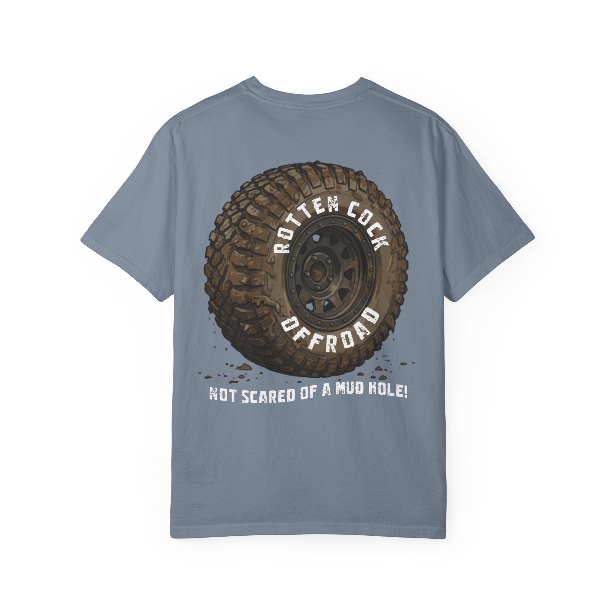 Rotten Cock Offroad Garment-Dyed T-Shirt — Offroad Tire Back Print with Jester Chest Logo
