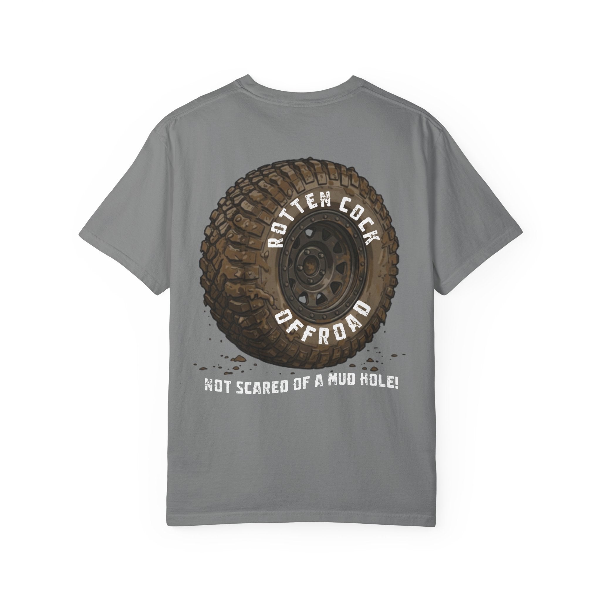Rotten Cock Offroad Garment-Dyed T-Shirt — Offroad Tire Back Print with Jester Chest Logo