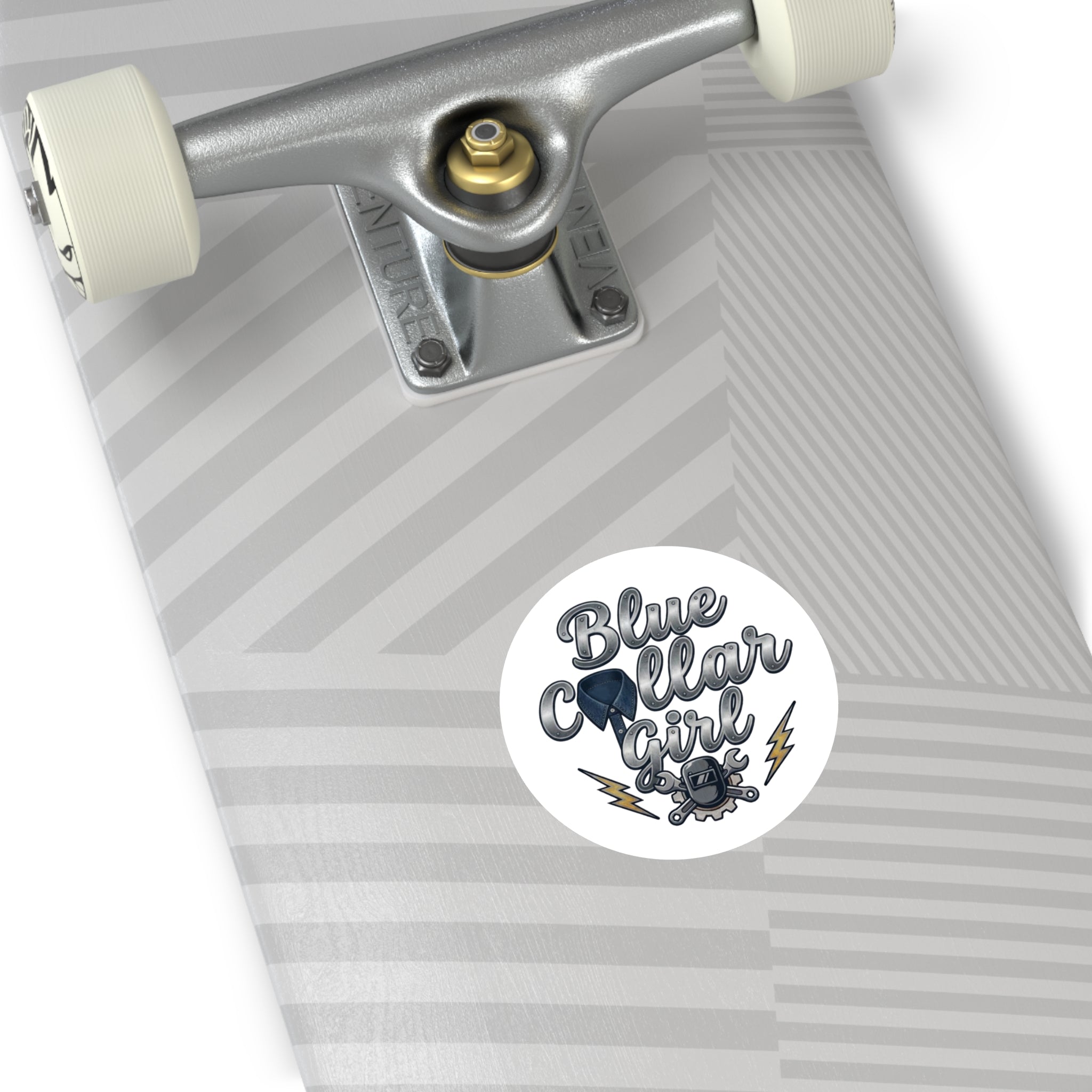 Blue Collar Girl Round Sticker — Durable Indoor/Outdoor Work Pride Decal